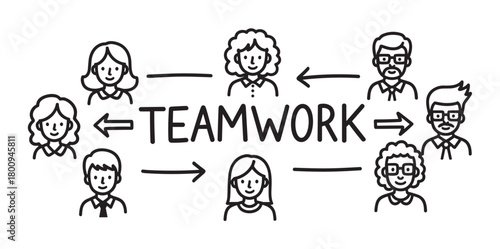 Hand-drawn doodle illustration showing a diverse group of people connected by arrows around the word teamwork, representing business collaboration and workflow