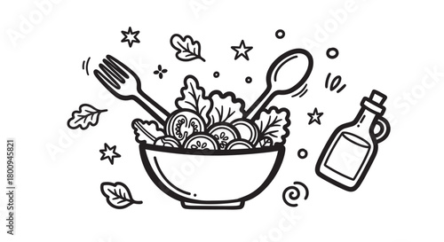 A charming hand-drawn illustration of a fresh vegetable salad in a bowl with utensils and dressing, presented in a simple black line art doodle style on a light background