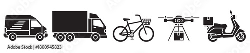 A set of black silhouette icons representing various delivery service methods, including a van, truck, bicycle, drone, and scooter, isolated on a white background for logistics concepts