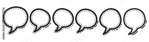 A set of six hand-drawn speech bubbles with dotted line details, arranged in a horizontal row for communication or dialogue concepts, isolated on a white background