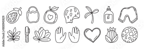 A diverse collection of hand-drawn doodle icons in a simple black and white line art style, featuring food, plants, and abstract symbols isolated on a clean background