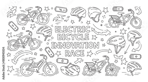 Hand-drawn doodle illustration about electric bicycle innovation, featuring e-bikes, safety helmets, and batteries in a black and white line art style for a sustainable transport concept