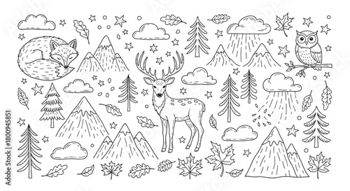 A charming collection of hand-drawn forest animals and nature elements, including a deer, fox, owl, mountains, and trees, in a cute black and white doodle line art style