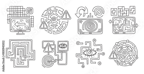 A set of hand-drawn doodle icons in a black and white line art style, illustrating concepts of cybersecurity, data complexity, technological challenges, and digital problem-solving