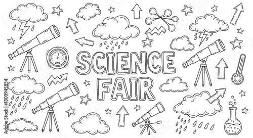 A black and white doodle illustration set for a science fair, featuring hand-drawn telescopes, weather icons, chemical flasks, and stars on a white background