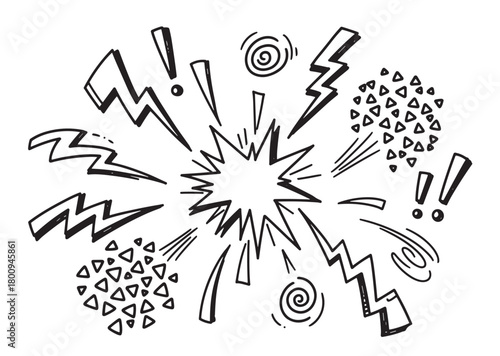 A hand-drawn set of black and white comic book explosion elements, including lightning bolts, exclamation marks, and spirals, isolated on a plain white background