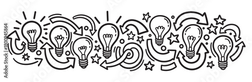 A hand-drawn doodle banner featuring a dynamic flow of light bulbs, arrows, and stars, symbolizing the creative process of brainstorming, innovation, and problem-solving