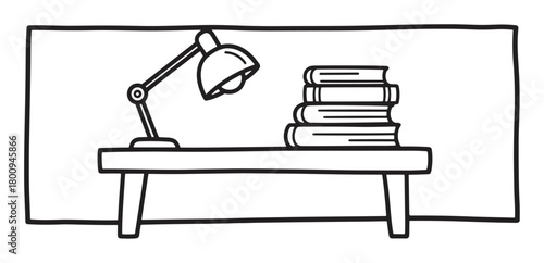 A minimalist hand-drawn illustration of a desk with a stack of books and an adjustable lamp, a simple black and white sketch representing studying, learning, and knowledge