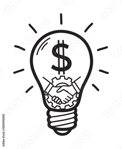 A hand-drawn lightbulb icon with a dollar sign and a business handshake over a gear, symbolizing a profitable idea, innovation, and successful partnership