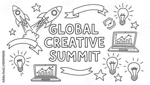 A hand-drawn doodle illustration for a creative business summit featuring rockets, light bulbs, and laptops with graphs, representing innovation, ideas, and growth concepts
