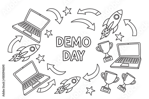 A black and white line art illustration for a startup demo day, featuring doodle icons of laptops, rockets, trophies, and stars representing innovation, launch, and success