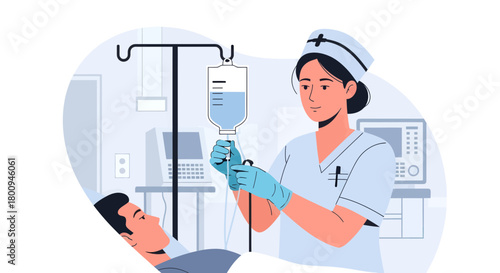 Medical Professional Administering IV Drip to a Patient in a Hospital Setting