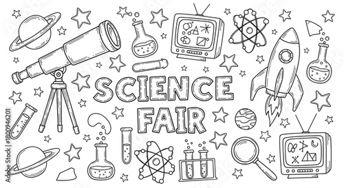 A black and white doodle illustration for a science fair event, featuring a collection of educational icons like a telescope, rocket, planets, and chemistry equipment on a white background