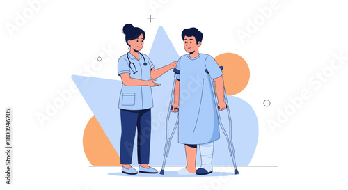 Medical Professional Cares For Patient With Fracture Using Crutches For Support