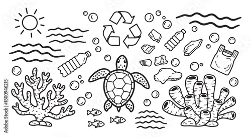 Environmental concept illustration with hand-drawn doodles of a sea turtle, marine life, and plastic waste in the ocean, highlighting the need for recycling and conservation