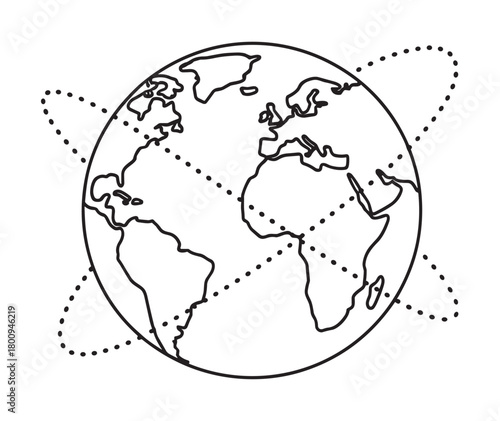 Minimalist black line art of planet Earth with dotted orbital paths, representing a global network, communication, and international travel, isolated on a clean white background
