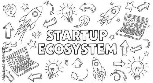 Hand-drawn doodle illustration of a startup ecosystem concept with rockets, lightbulbs, and laptops symbolizing business launch, innovation, and technology on a white background