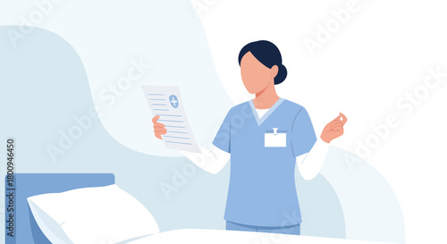 Medical Professional Examining Document in Hospital Room, Healthcare, Nursing Concept