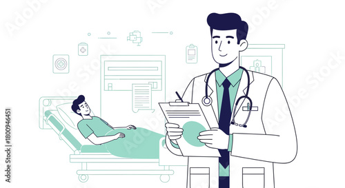 Medical Professional Examining Patient Medical Chart In A Hospital Bed Setting