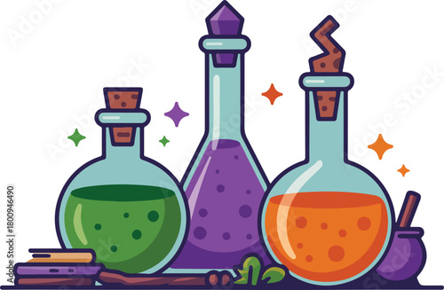 Three colorful potion bottles vector illustration with magical elixirs and sparkling effects for fantasy concepts
