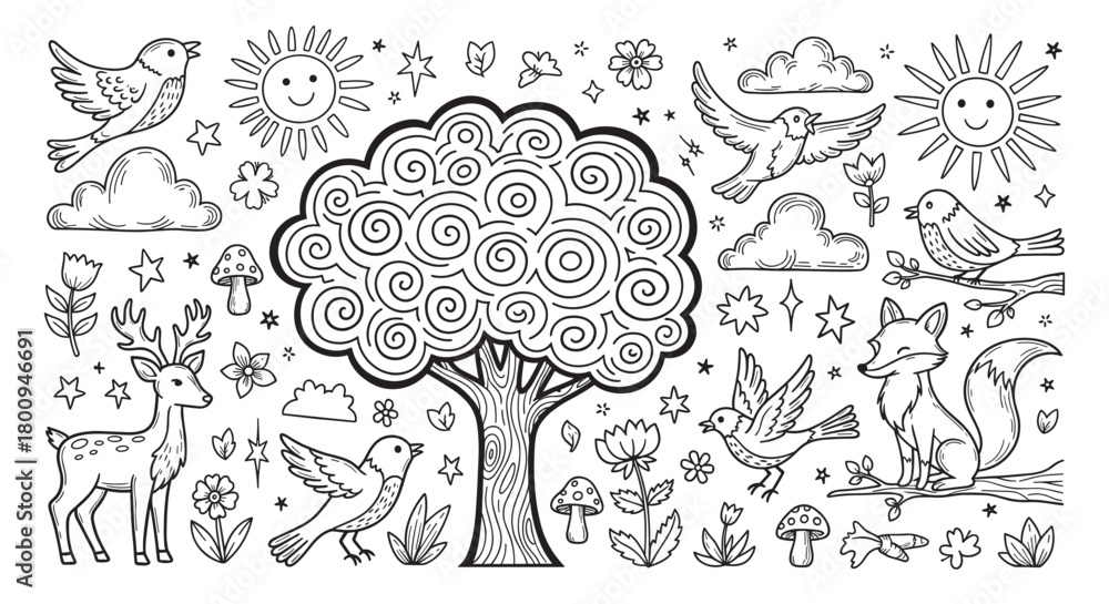 Naklejka premium A charming collection of hand-drawn woodland animals and nature elements like a tree, fox, deer, and birds in a whimsical black and white doodle style for coloring