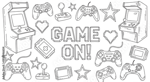 A hand-drawn doodle set of retro video game elements including arcade machines, controllers, and joysticks with 'Game On!' text, isolated on a white background for coloring