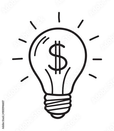 A simple black line drawing of a glowing lightbulb with a dollar sign inside, symbolizing a profitable business idea, financial innovation, or investment concept