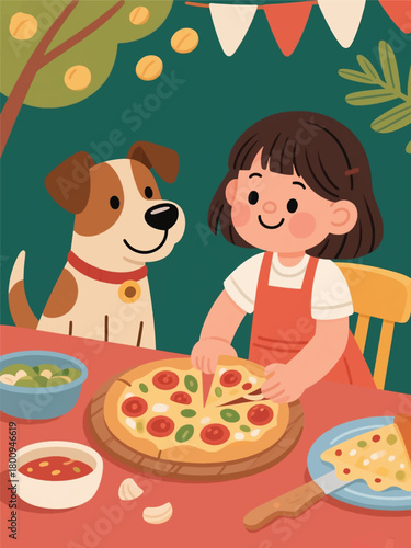 Girl With A Dog Eating Pizza Illustrator Artwork Design Template Poster