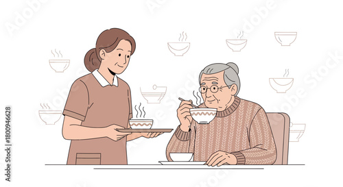 Supporting Senior Adult: Caregiver Serving Soup and Catering Dining Experience