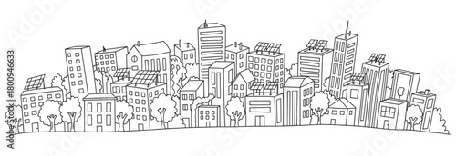 A hand-drawn black and white illustration of a sustainable city skyline with solar panels on rooftops, representing green energy and eco-friendly urban living