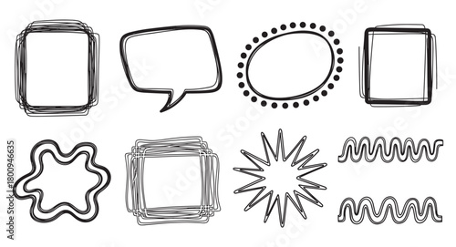 Set of black and white hand-drawn sketch elements including various frames, a speech bubble, a starburst, and abstract borders for creative design projects