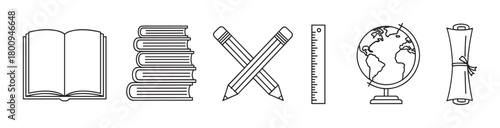 A set of minimalist black line art icons representing education and learning, including a book, pencils, ruler, globe, and diploma, isolated on a white background