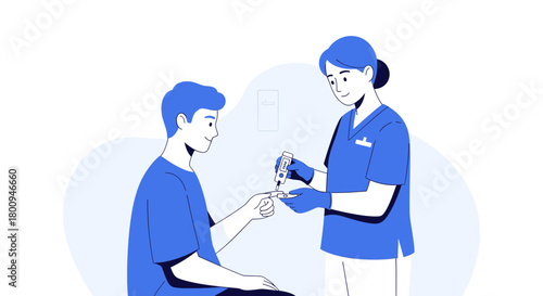 Medical Professional Performing a Blood Sugar Test on a Patient for Diabetes Diagnosis Illustration