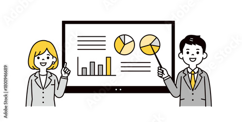 デジタルホワイトボードと、プレゼンする男女のビジネスパーソンの上半身ベクターイラスト素材
