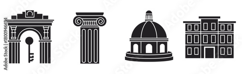 A set of four black silhouette icons representing classical architecture, including a triumphal arch, an ionic column, a domed building, and a courthouse, isolated on a white background
