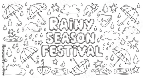 A whimsical, hand-drawn doodle illustration for a rainy season festival, featuring cute lettering, umbrellas, clouds, and raindrops, designed as a fun black and white coloring page