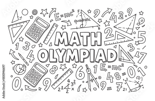 Math Olympiad lettering surrounded by a doodle collage of school supplies, numbers, and scientific formulas in a black and white line art style on a white background