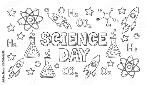 Fun educational banner for Science Day featuring hand-drawn line art of rockets, atoms, and chemistry equipment, designed as a black and white coloring page for children
