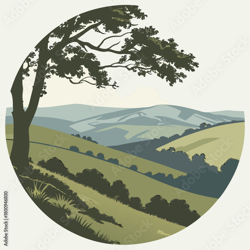 Scenic landscape with rolling hills and a tree in a circular frame design