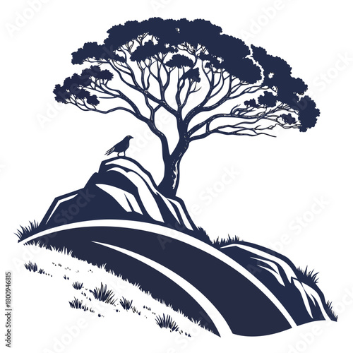 Silhouette of a tree on a hill with a bird, vector illustration design