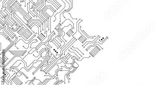 Abstract digital background with technology circuit board texture. Electronic motherboard illustration. Black circuit diagram on white background. stock illustration