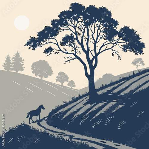 Silhouette of a horse on a hill with a tree, vector illustration design
