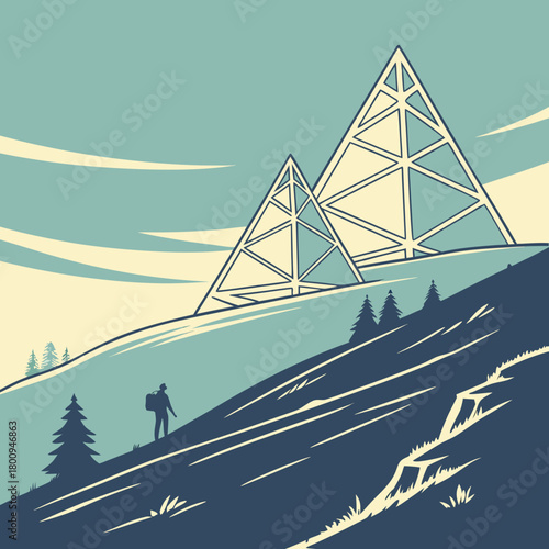 Futuristic pyramids on a hill with a hiker in a retro style