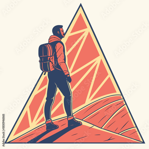 Man with backpack standing in front of triangle mountain landscape illustration