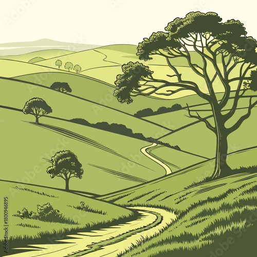 Landscape illustration of green hills, trees, and winding path in countryside