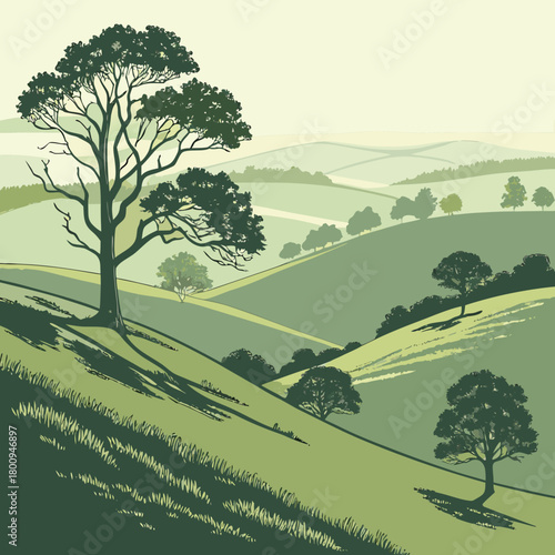 Landscape illustration of rolling green hills and trees in the countryside