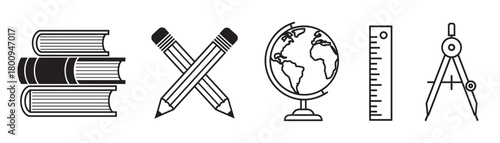 A set of black and white line art icons for education, including a stack of books, crossed pencils, a globe, a ruler, and a drawing compass, isolated on a white background