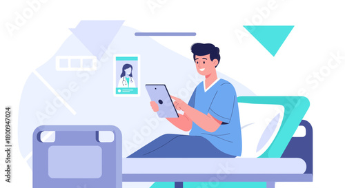 Patient Consults Doctor Remotely via Tablet Device in Modern Healthcare Setting