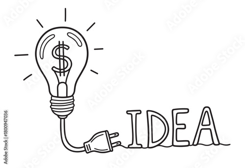 Creative doodle of a shining light bulb with a dollar symbol, its electric cord and plug forming the word idea, representing a profitable business concept or innovation