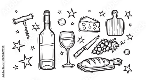 A charming hand-drawn doodle set of wine tasting elements including a bottle, glass, cheese, grapes, and bread, perfect for a gourmet food or restaurant menu illustration